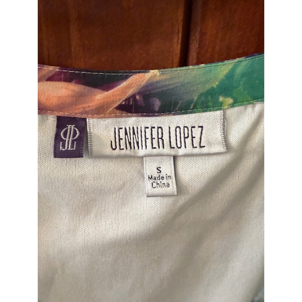 Jennifer Lopez Tropical Floral Kaftan Tunic Top Green Purple Gold Chain V-Neck S - Picture 3 of 3